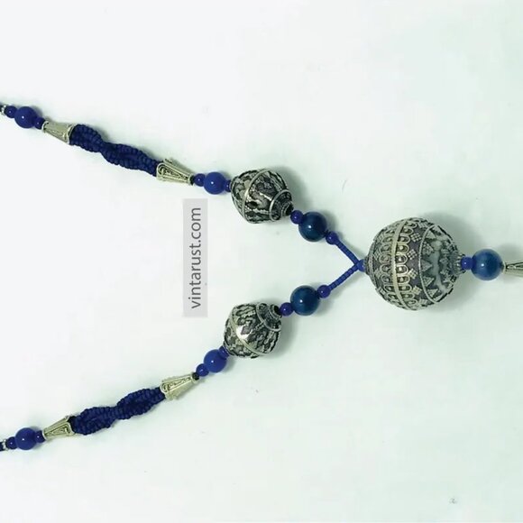 Blue Beaded Pendant Necklace with Silver Tribal Charms and Tassels - Picture 14 of 14